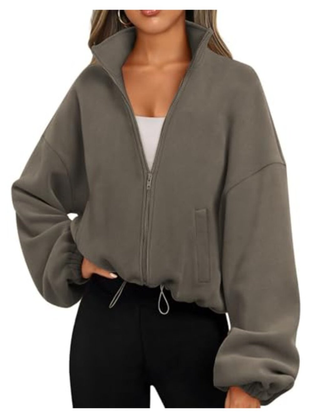 Famulily Women's Zip Up Fleece Cropped Y2K Jacket Oversized Sweatshirt